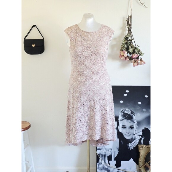 connected apparel dress Woman's L Pink Floral Lace Sequin Short sleeve Mini - Picture 1 of 8